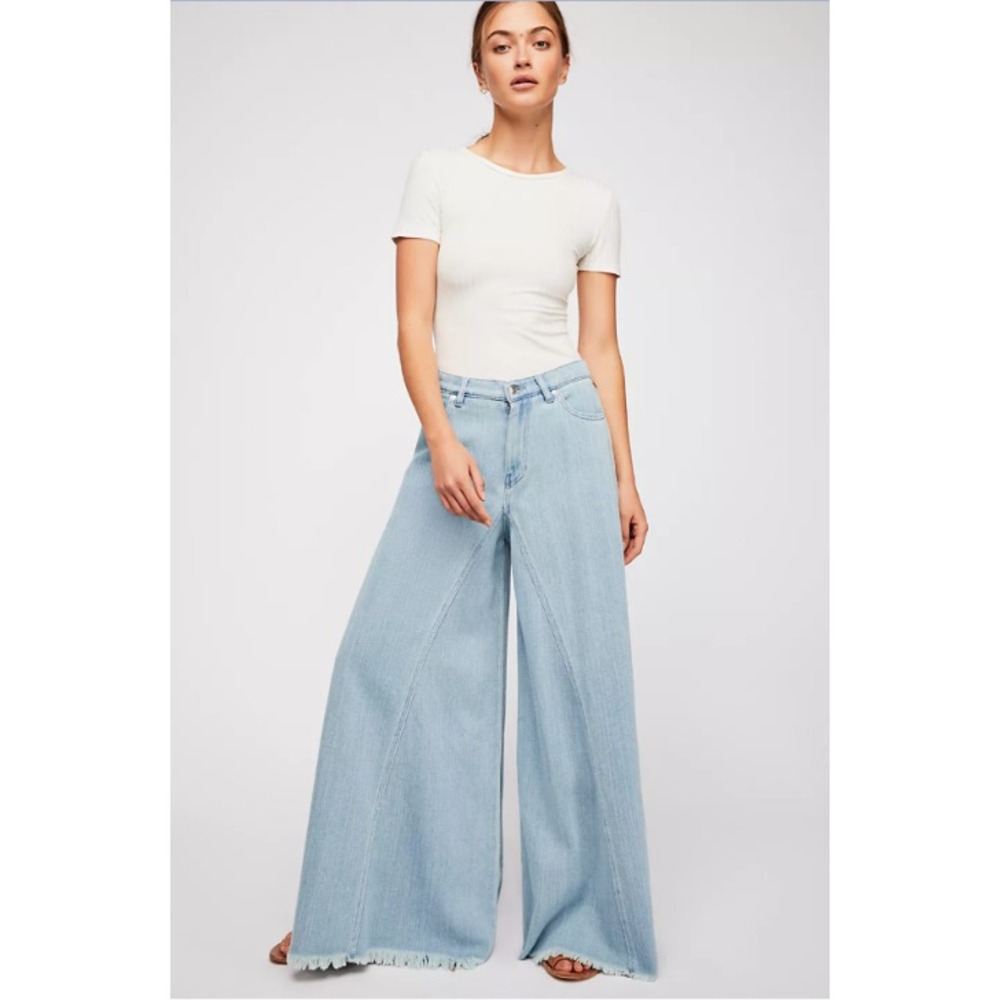 We The Free Free People Womens Pirouette Wide Leg Pants Raw Hem Blue Size 28